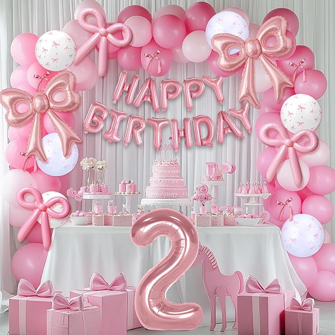 Bow Number 2 Birthday Balloons, 40” Pink Aluminum Foil Balloons Happy