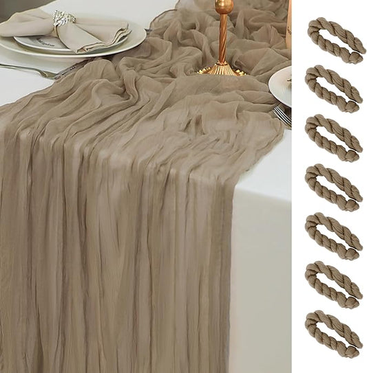 Snowkingdom 6 PCS Nude Brown Cheesecloth Table Runner, Taupe Light