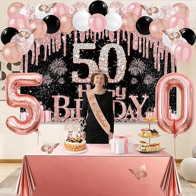 50th Birthday Decorations for Women 49pcs Black Rose Gold Black