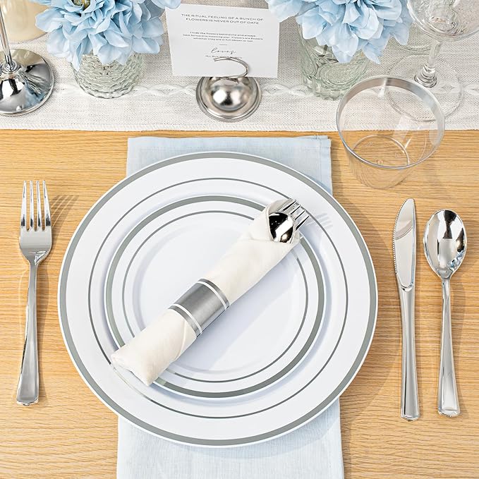 BESTVIP 700PCS Silver Plastic Dinnerware Set for 100 Guests,