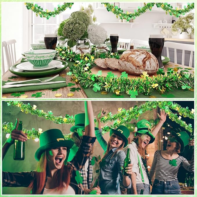 52 Feet St Patrick's Day Tinsel Garland Shamrock Glitter Metallic