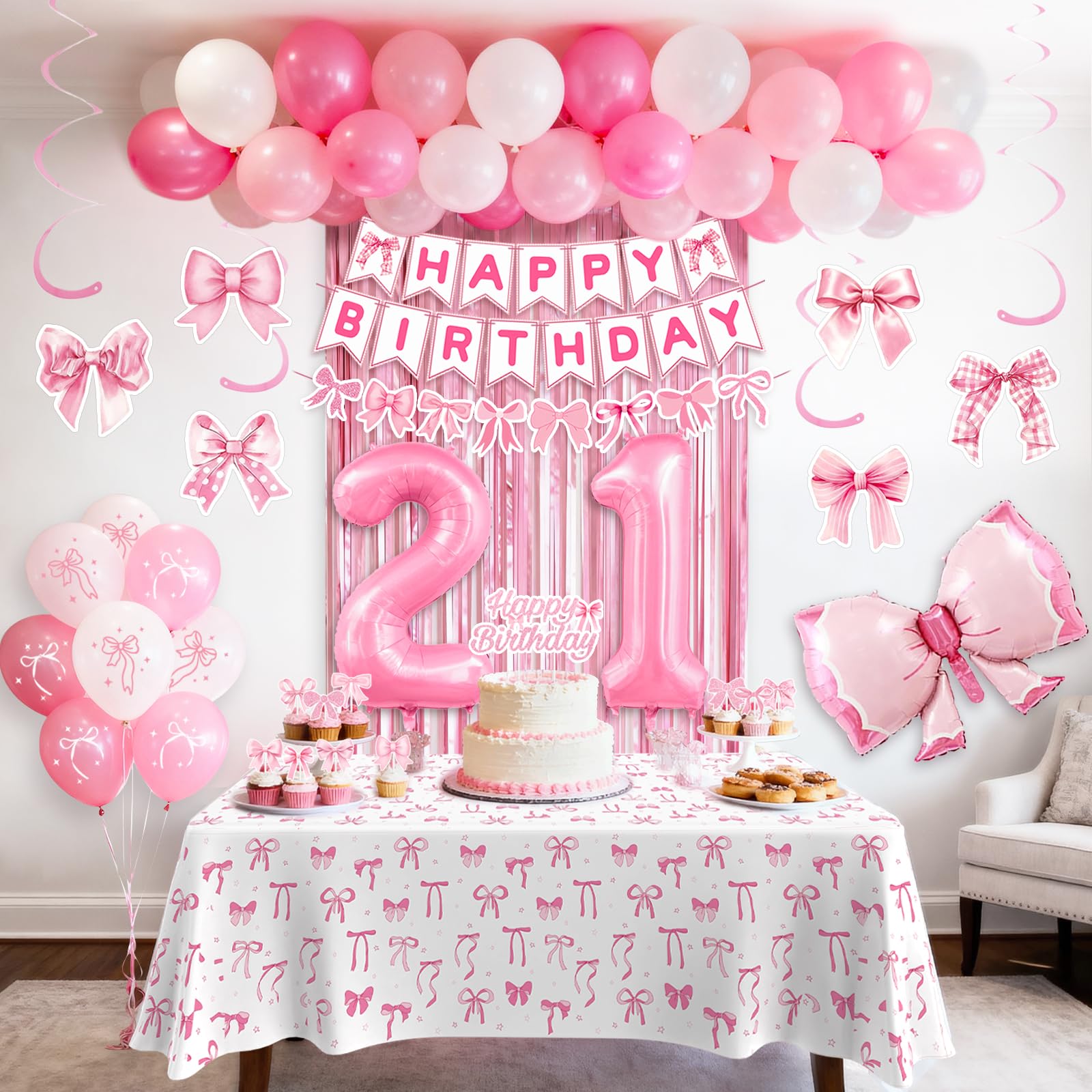 21st Pink Birthday Decorations for Women, Pink Bow Coquette Birthday