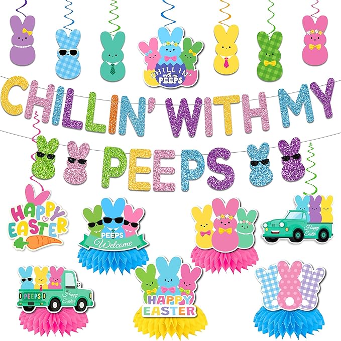 Easter Party Decorations Glitter Chillin with My Peeps Banner Swirls