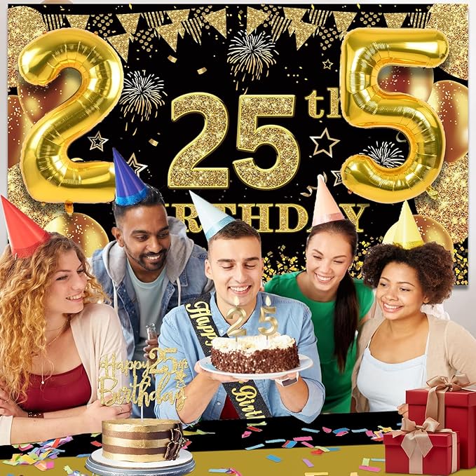 25th Birthday Decorations Men Women with 25th Birthday Banner Black