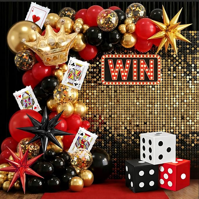 123Pcs Casino Balloon Arch Kit Red Black Gold Balloons with Large
