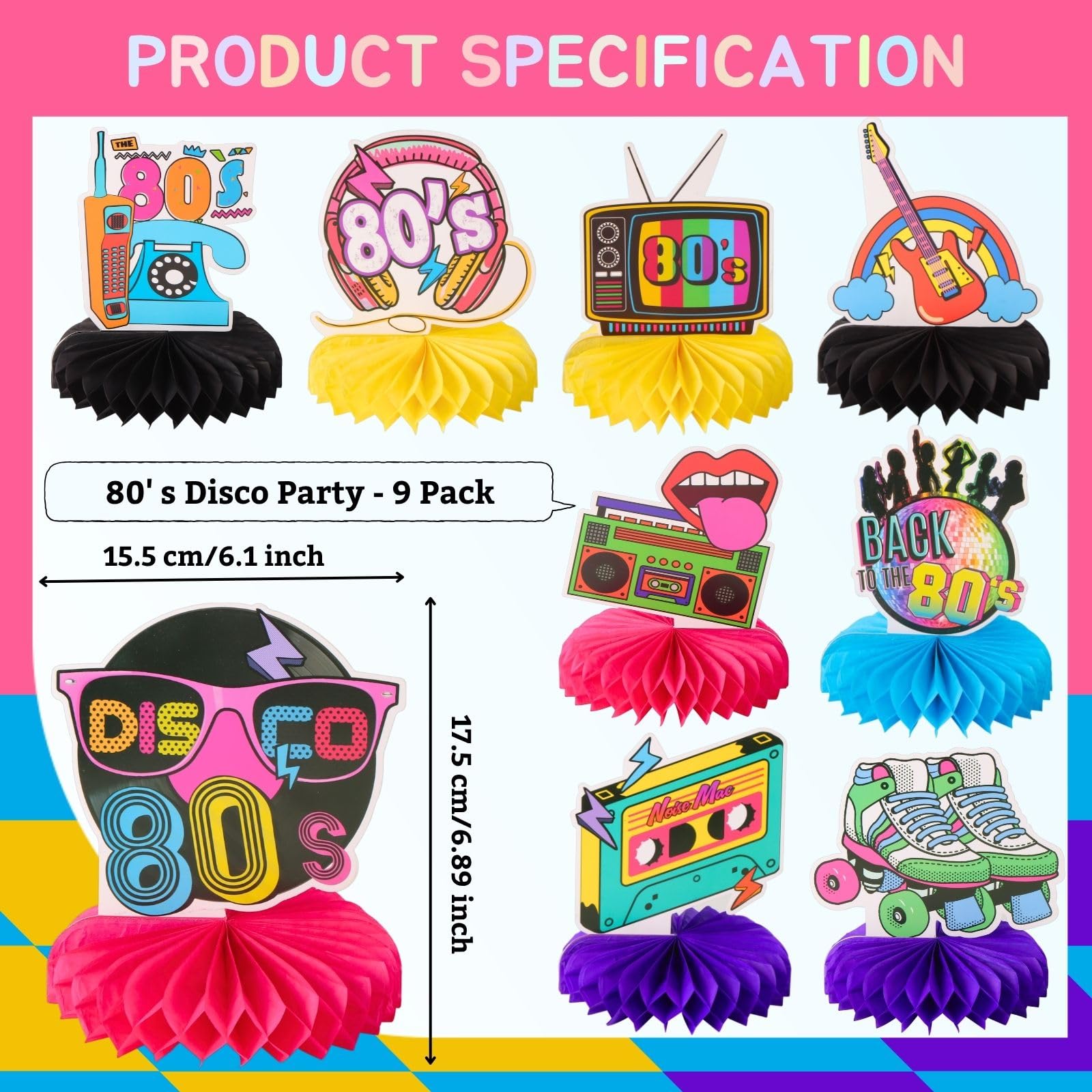 9pcs Back to the 80s Honeycomb Centerpieces for 1980s Disco Party