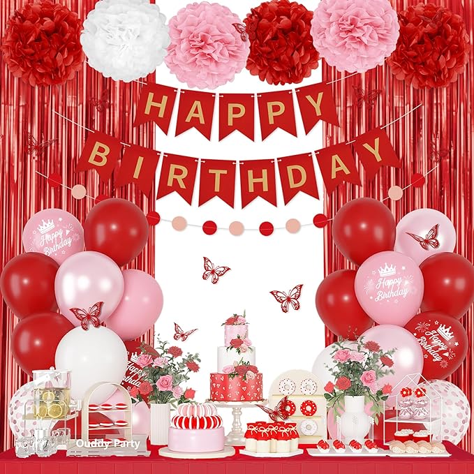 Red Birthday Decorations for Women Girls, Pearl Pink White Confetti