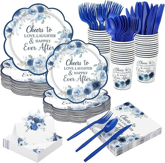 410 Pcs Blue Floral Wedding Decorations Elegant Floral Paper Plates