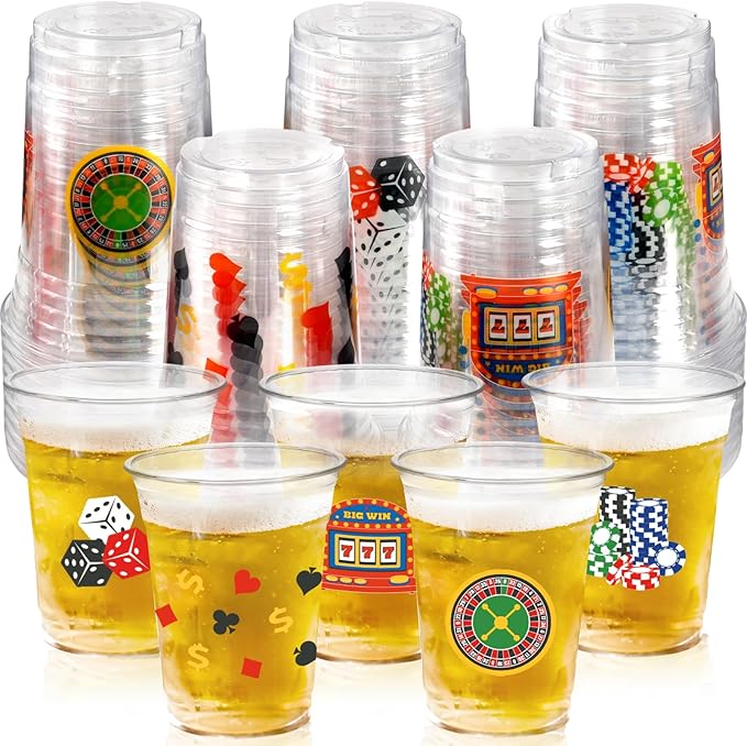 100 Pcs Casino Party Cups 16 Oz Casino Plastic Cup Poker Clear