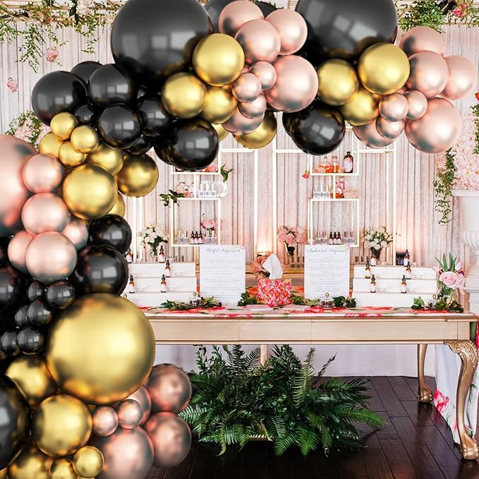 Black Rose Gold Balloon Garland Arch Kit Metallic Gold and Rose Gold