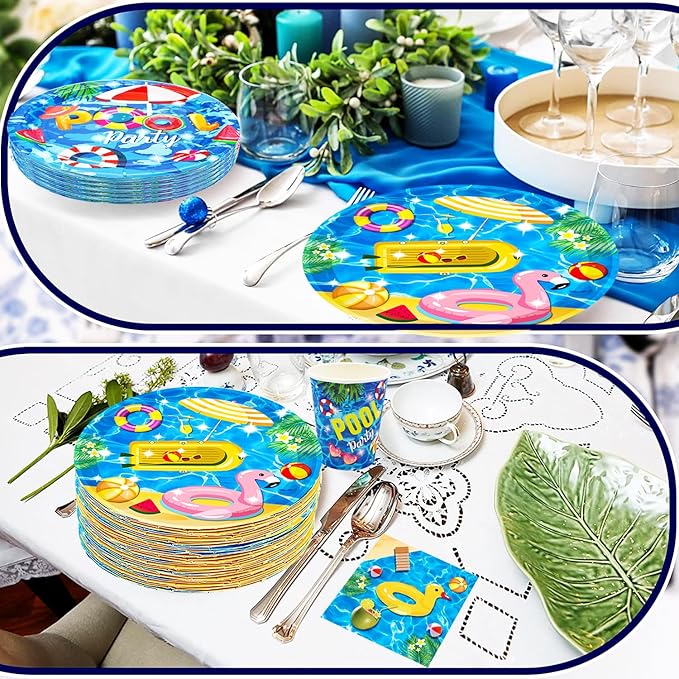 150Pcs Pool Party Supplies Set 9 & 7 Plates Napkins Knives Forks