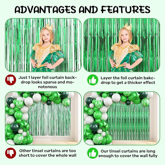 Voircoloria 2 Pack Green Foil Fringe Backdrop Curtains, Tinsel