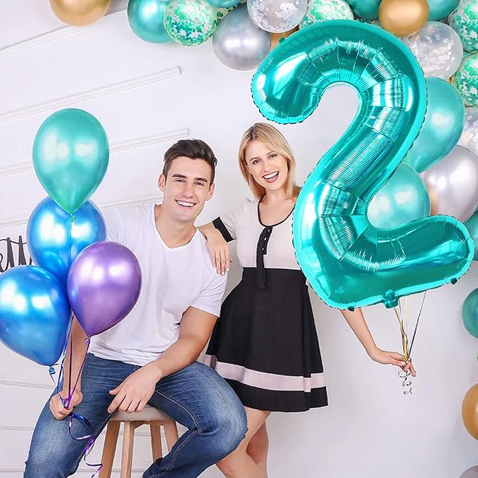 KatchOn Aqua Blue Number 2 Balloon - 40 Inch | Teal 2 Balloon Number,