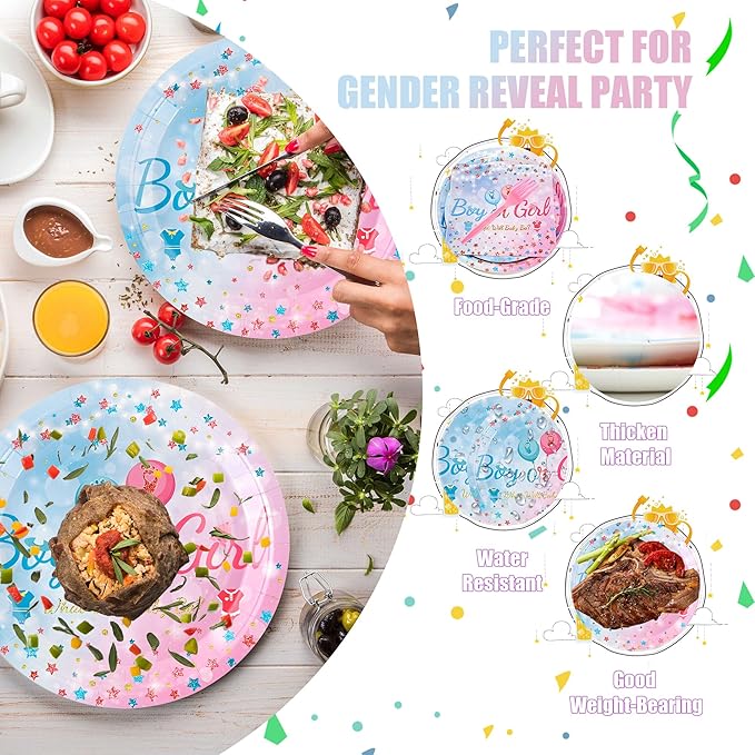 96 PCS Gender Reveal Plates Set Serve 24 Disposable Tableware for