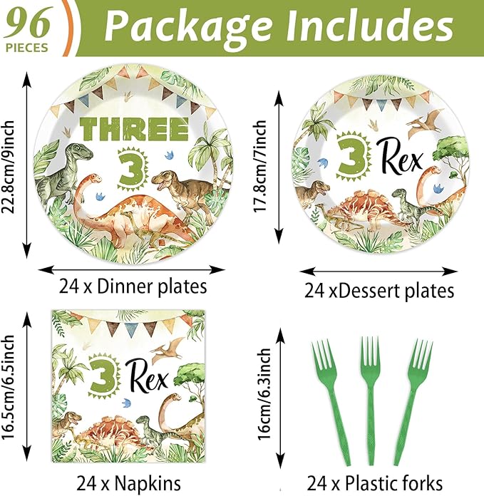 96PCS Dinosaur 3rd Birthday Party Paper Plates and Napkins and Forks