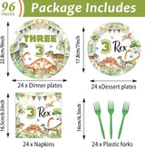 96PCS Dinosaur 3rd Birthday Party Paper Plates and Napkins and Forks