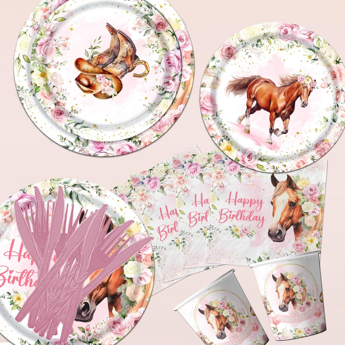 Horse Birthday Decorations Tableware,171PCS Cowgirl Floral Themed
