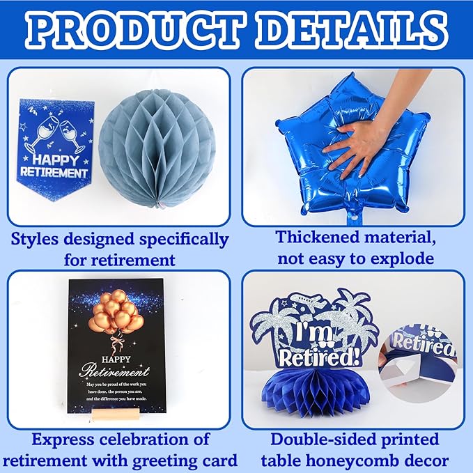 Happy Retirement Party Decorations for Men Women Blue Silver Happys