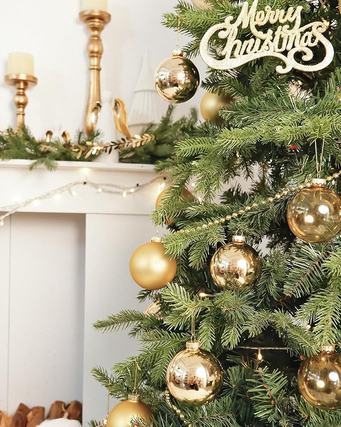 DN DECONATION Gold Glass Christmas Ornaments, Set of 9, 3.15' Hanging