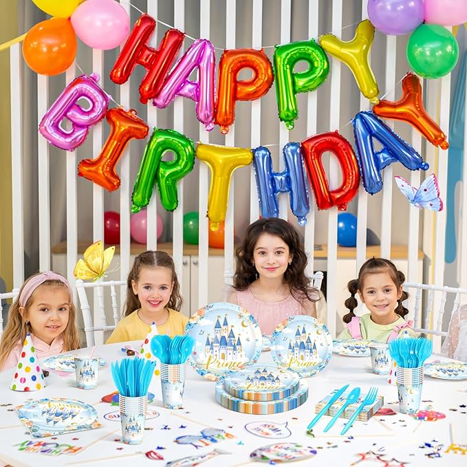 168 Pcs Prince Princess Party Decorations Blue Castle Plates Napkins