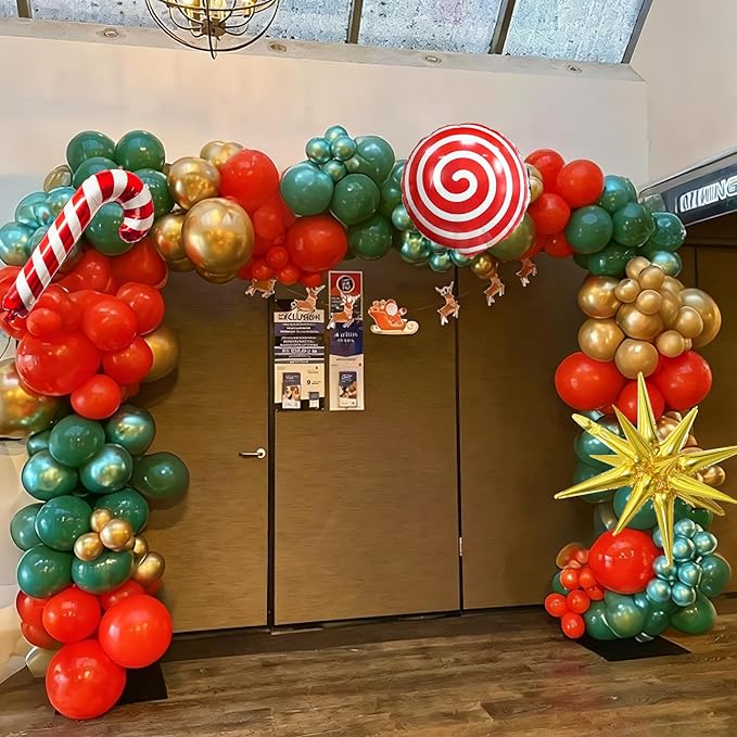 Christmas Balloon Arch Red Dark Green Gold Balloons with Candy Cane