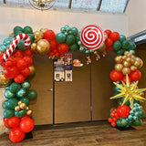 Christmas Balloon Arch Red Dark Green Gold Balloons with Candy Cane