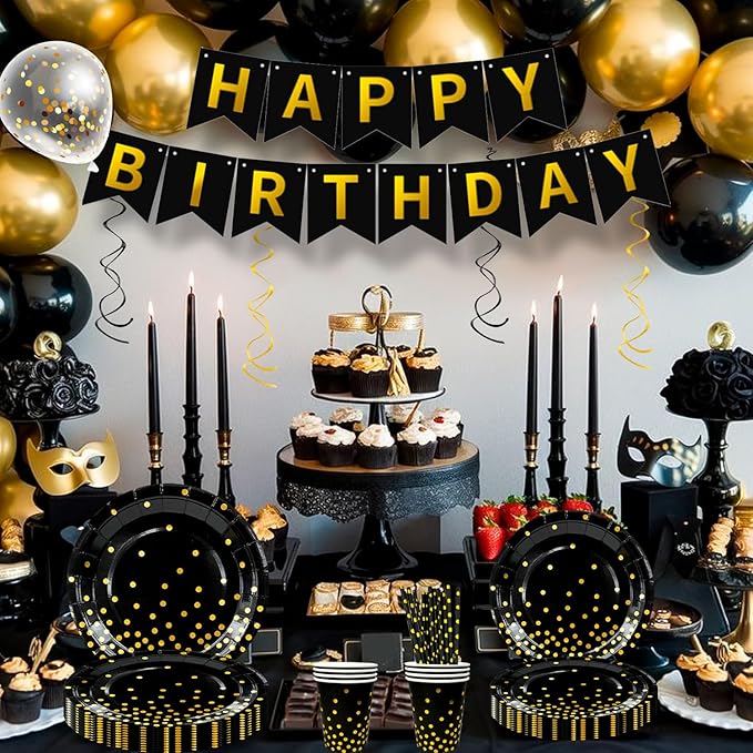 148 Pcs Black and Gold Party Decorations 16 Guests Black and Gold