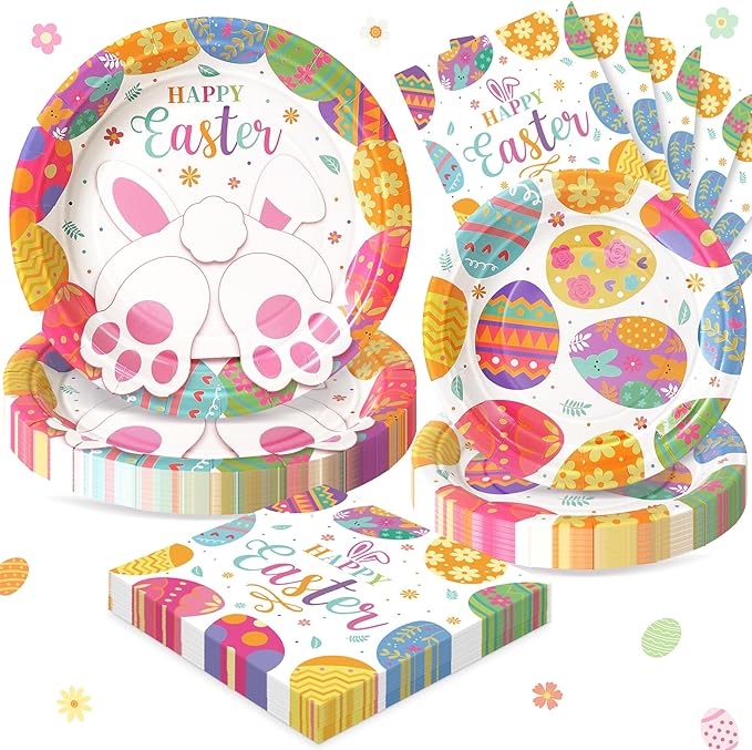 Happy Easter Plates and Napkins, 72PCS Colorful Easter Party