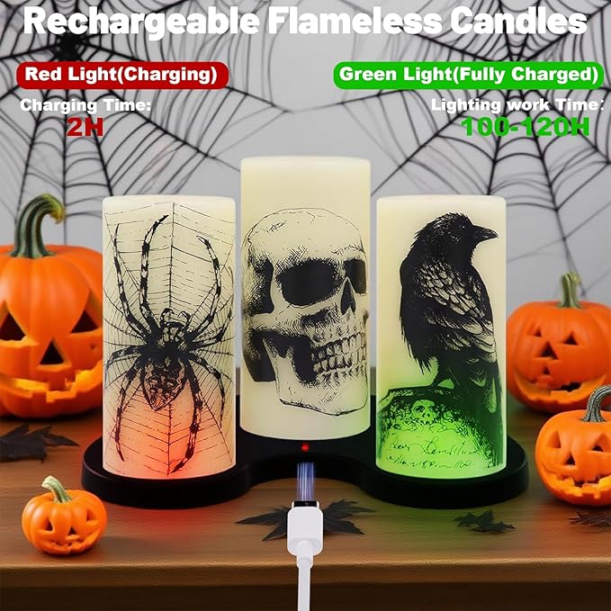 Halloween Flameless Candles with Skull Spider Web Crow Raven Decal