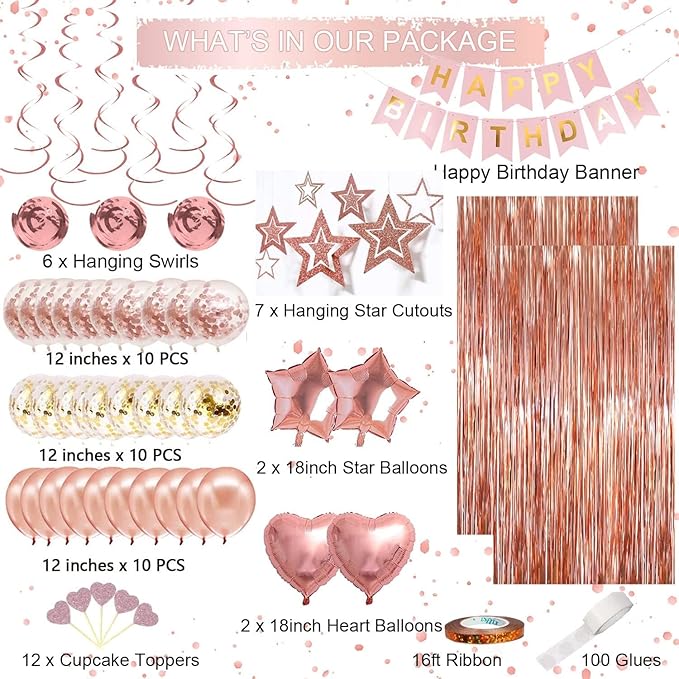 Rose Gold Birthday Party Decorations, Happy Birthday Banner, Rose