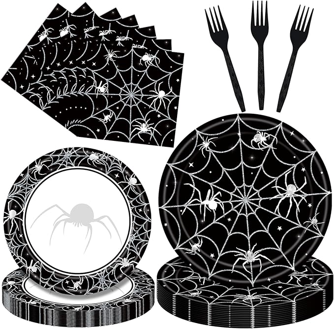 96 Pieces Halloween Tableware Set Spider Web Themed Disposable Party