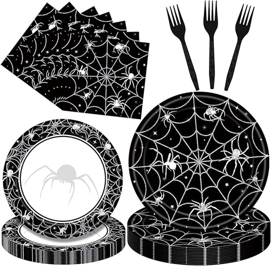 96 Pieces Halloween Tableware Set Spider Web Themed Disposable Party