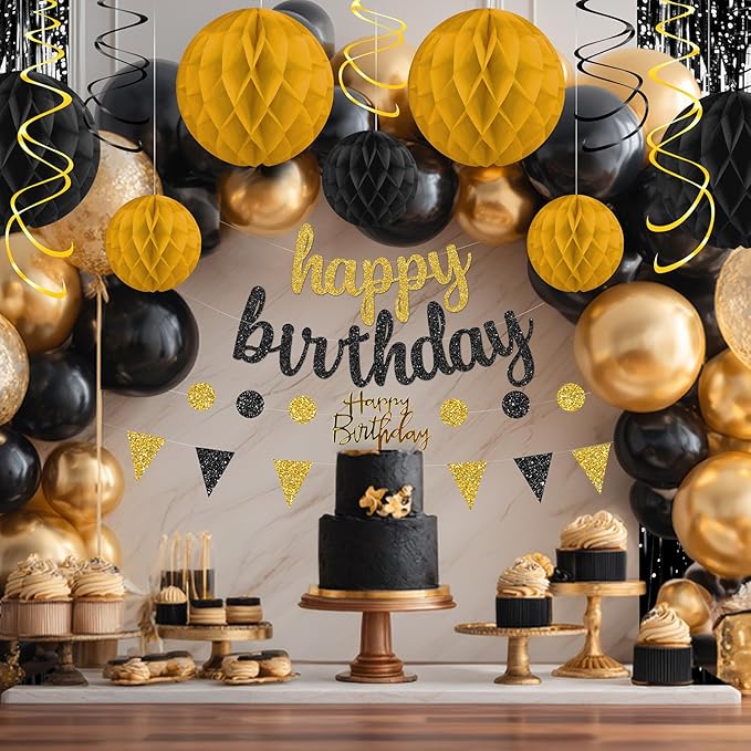 Black and Gold Birthday Party Decorations Set - Happy Birthday Banner