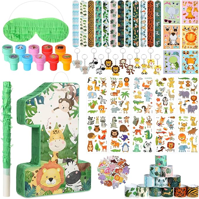 93 Pcs Jungle Safari Party Favors Include Wild One Piñata Stick