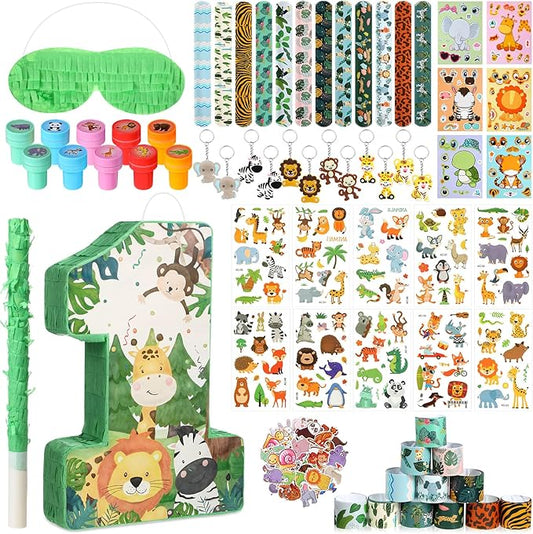 93 Pcs Jungle Safari Party Favors Include Wild One Piñata Stick