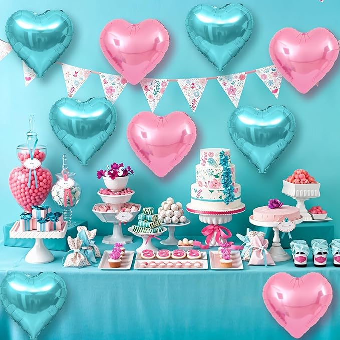 Pink Blue Heart Balloons,12Pcs Teal Blue Heart Shaped Foil