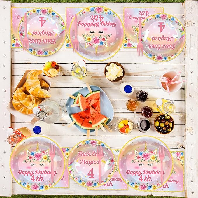 96PCS Four Ever Magical Party Paper Plates and Napkins Unicorn 4th