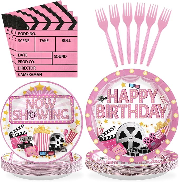 96Pcs Movie Night Party Decorations Pink Movie Plates and Napkins