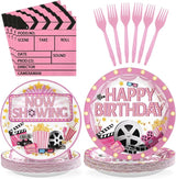 96Pcs Movie Night Party Decorations Pink Movie Plates and Napkins