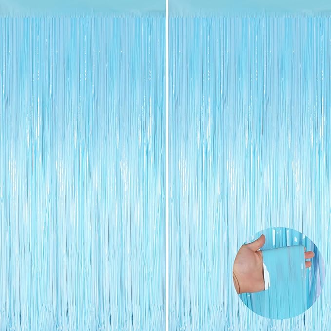 Macaron Light Blue Metallic Tinsel Foil Fringe Curtains, 2 Pack