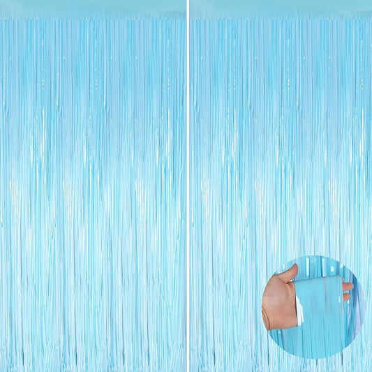Macaron Light Blue Metallic Tinsel Foil Fringe Curtains, 2 Pack