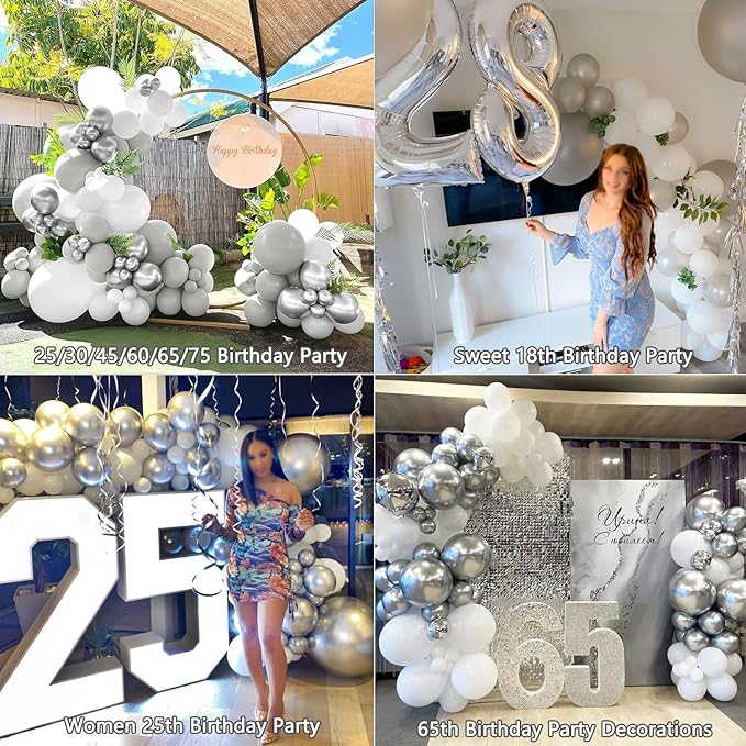 KARLURE White Silver Balloon Arch Kit Garland with Grey Clear