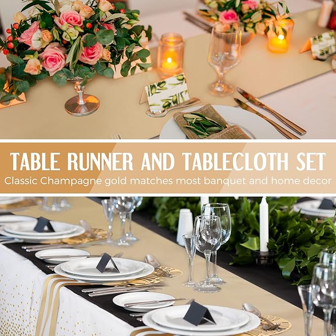 Breling 8 Pack White and Gold Disposable Plastic Tablecloths and