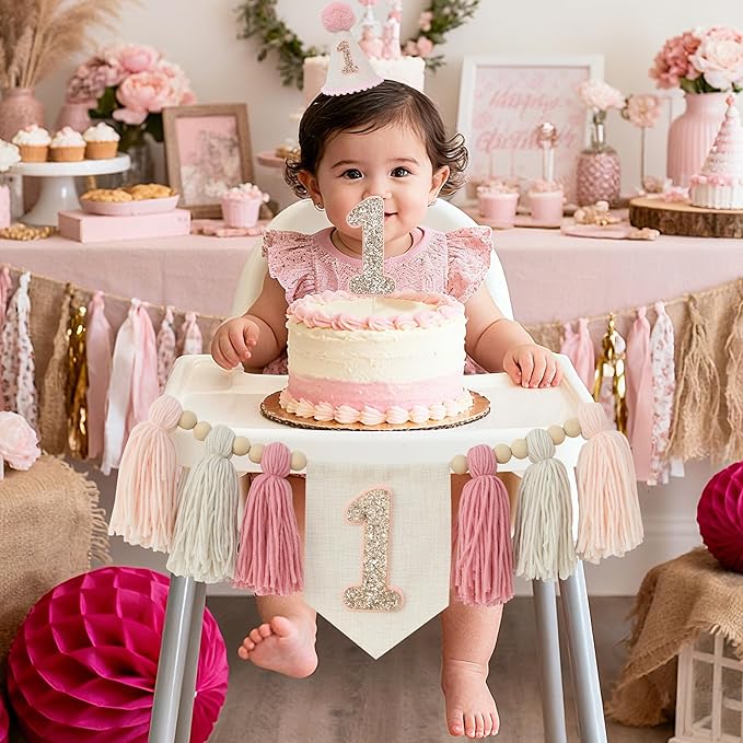 Pink 1st Birthday Decoration High Chair Banner for Girl 1st Birthday
