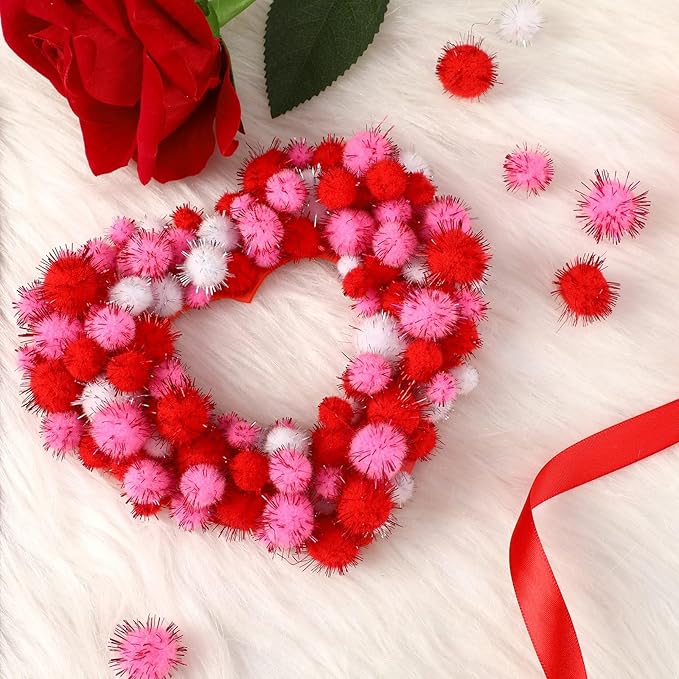 Valentine's Day Pom Poms Balls 600 Pieces Pink Red Glitter Pom Poms