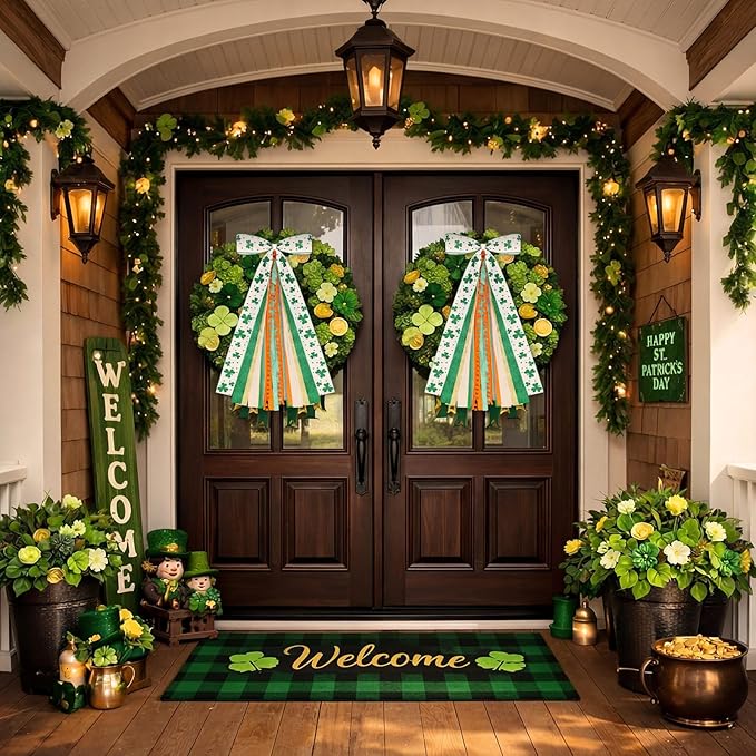 2 Pcs St Patricks Day Clover Ribbon Bow for Wreath Large Clover