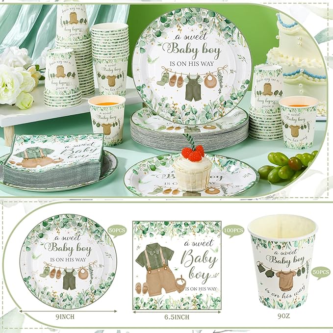 200 Pcs Greenery Baby Shower Paper Plates Napkins Cups Baby Shower