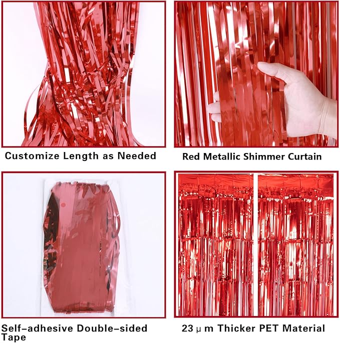 2 Pack Red Metallic Tinsel Foil Fringe Curtain, 3.2Ft x 8.2Ft Tinsel