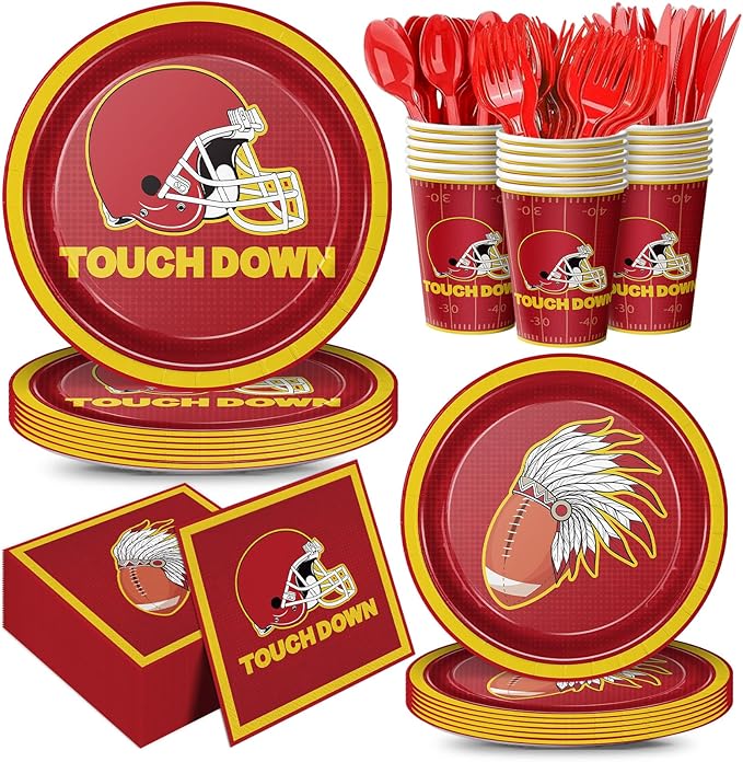 168pcs Red Football Party Supplies Touch Down Plates Napkins