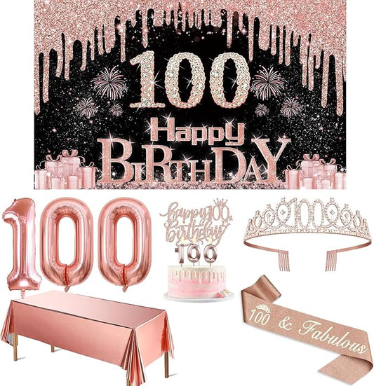 100th Birthday Decorations for Women with Banner Rose Gold